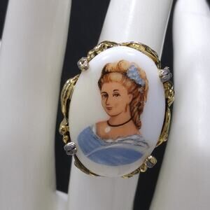 Vintage Lady in Blue Dress Porcelain Adjustable Ring Gold Tone 1960s